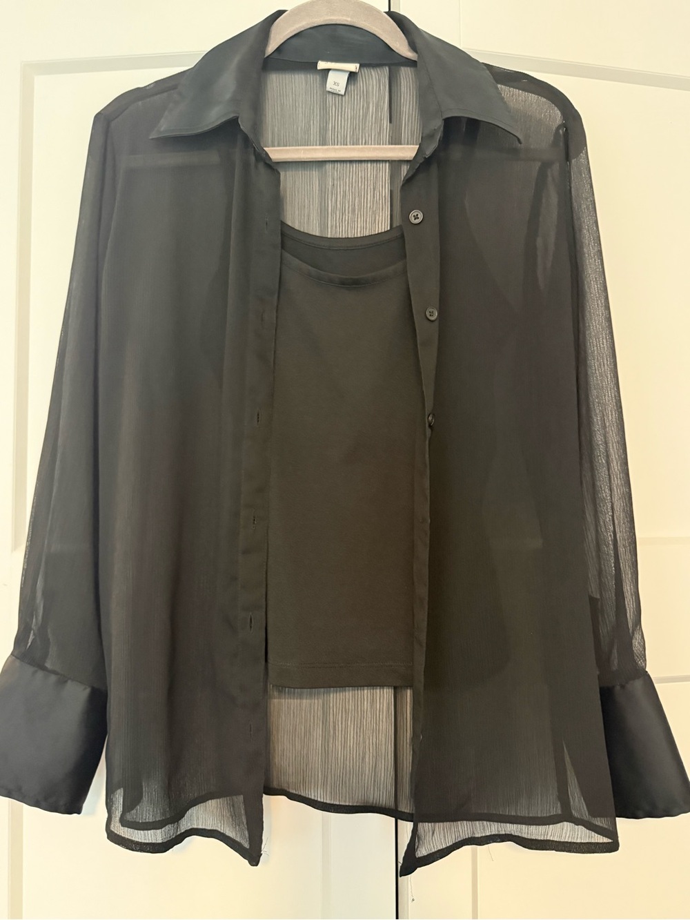 a new day Black Sheer Button-Front Shirt layered over cami